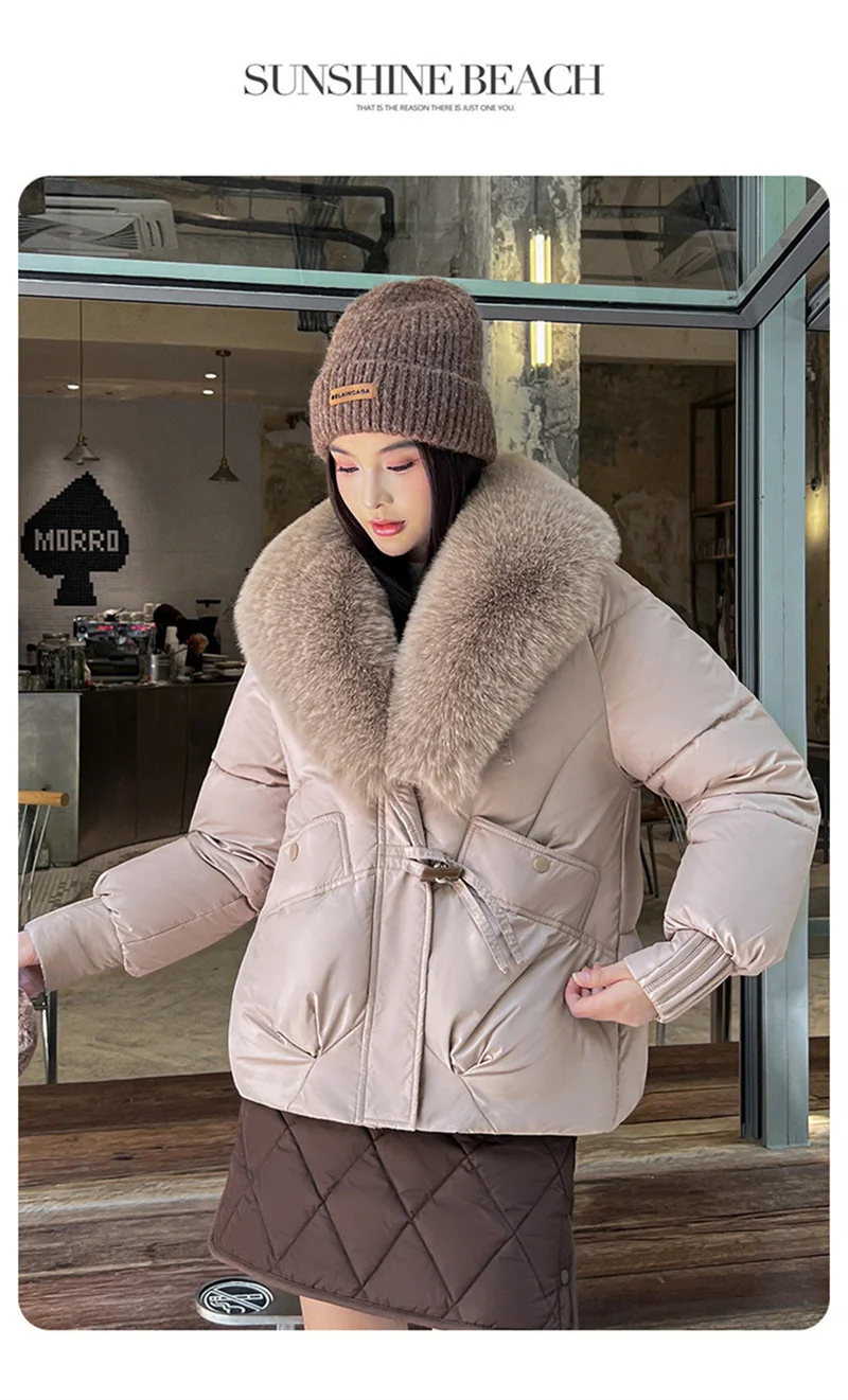 2026 Fashion Big Fur Collar Down Cotton-padded Jacket Women's Short Parkas Winter Streetwear Outerwear Lady Thicken Loose Coats