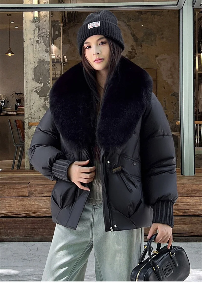 2026 Fashion Big Fur Collar Down Cotton-padded Jacket Women's Short Parkas Winter Streetwear Outerwear Lady Thicken Loose Coats