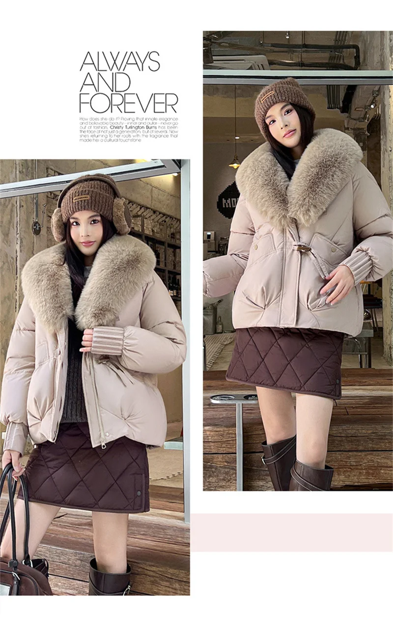 2026 Fashion Big Fur Collar Down Cotton-padded Jacket Women's Short Parkas Winter Streetwear Outerwear Lady Thicken Loose Coats