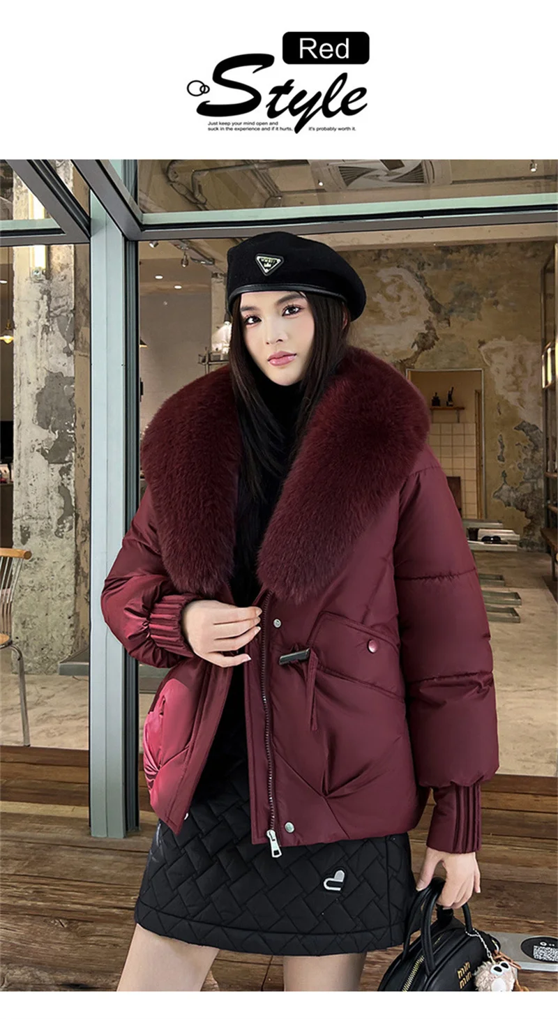 2026 Fashion Big Fur Collar Down Cotton-padded Jacket Women's Short Parkas Winter Streetwear Outerwear Lady Thicken Loose Coats