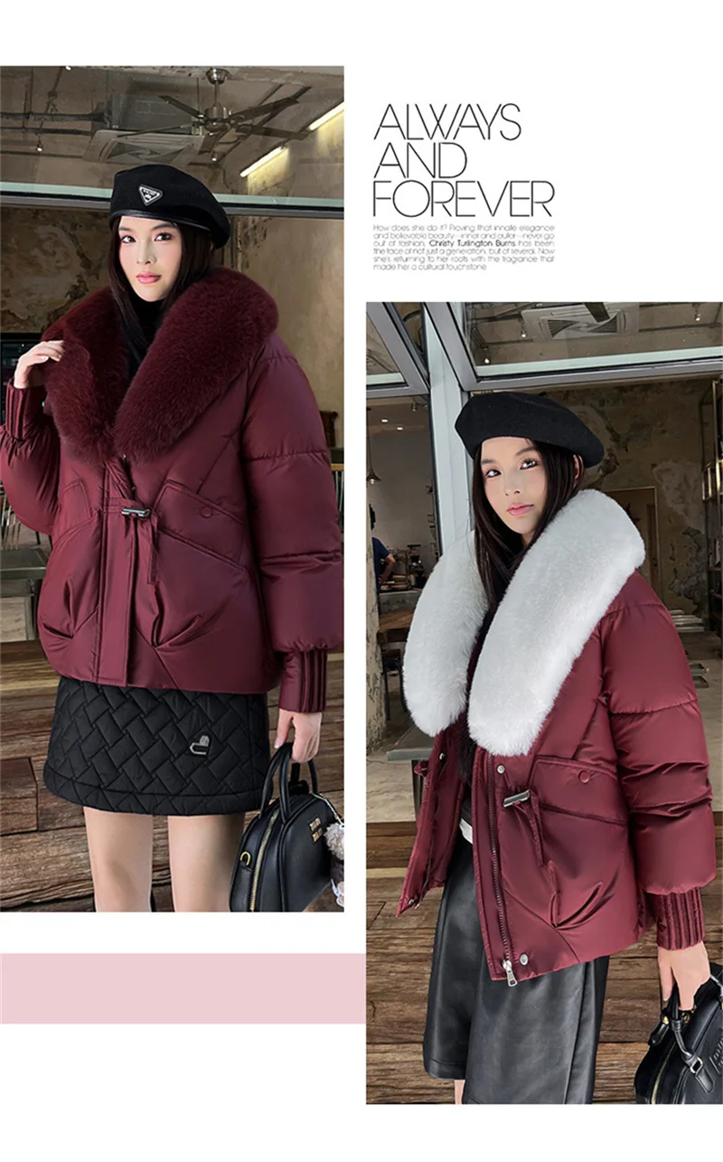 2026 Fashion Big Fur Collar Down Cotton-padded Jacket Women's Short Parkas Winter Streetwear Outerwear Lady Thicken Loose Coats