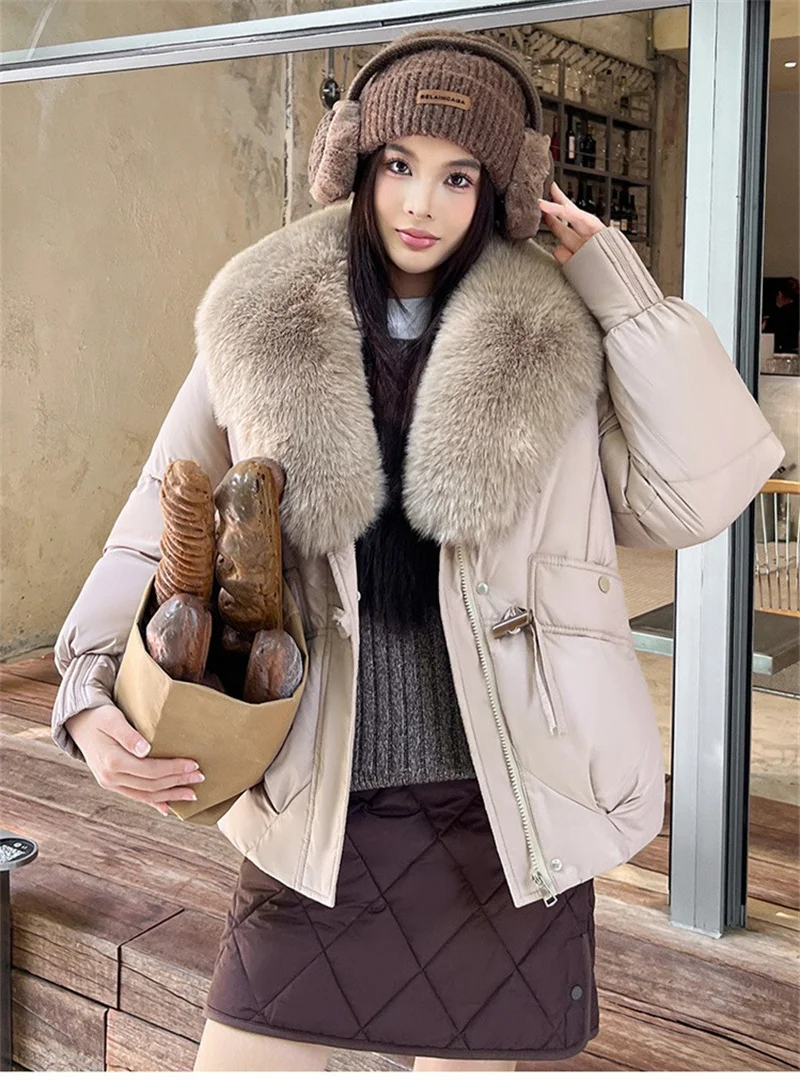 2026 Fashion Big Fur Collar Down Cotton-padded Jacket Women's Short Parkas Winter Streetwear Outerwear Lady Thicken Loose Coats