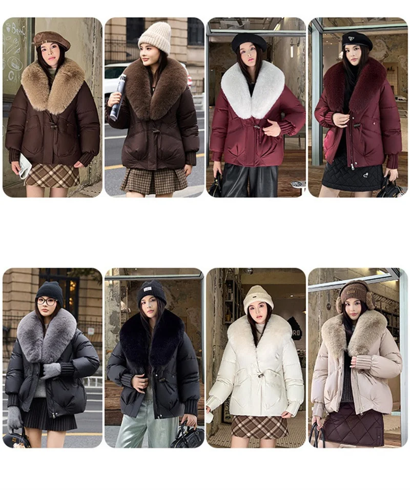 2026 Fashion Big Fur Collar Down Cotton-padded Jacket Women's Short Parkas Winter Streetwear Outerwear Lady Thicken Loose Coats