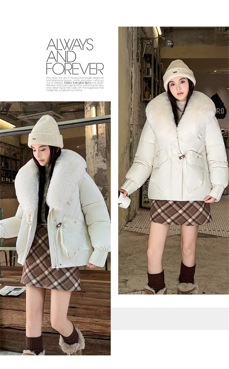 2026 Fashion Big Fur Collar Down Cotton-padded Jacket Women's Short Parkas Winter Streetwear Outerwear Lady Thicken Loose Coats
