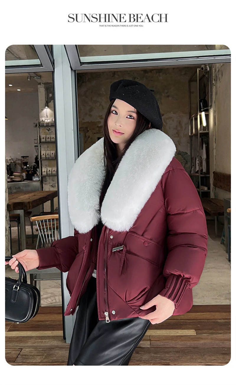 2026 Fashion Big Fur Collar Down Cotton-padded Jacket Women's Short Parkas Winter Streetwear Outerwear Lady Thicken Loose Coats