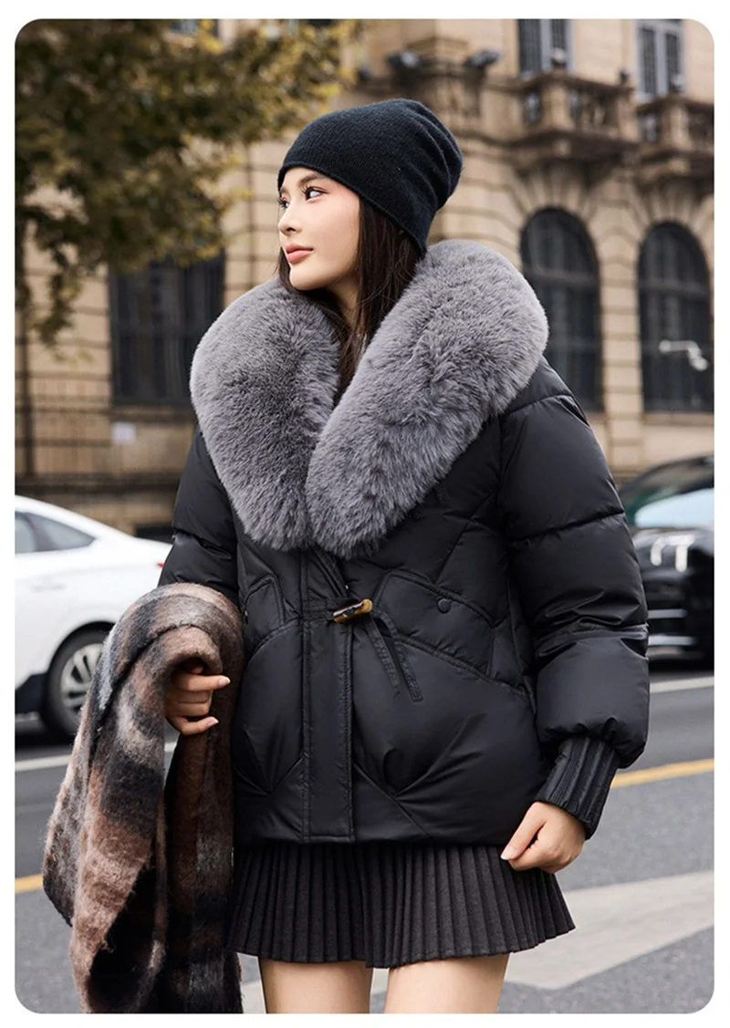 2026 Fashion Big Fur Collar Down Cotton-padded Jacket Women's Short Parkas Winter Streetwear Outerwear Lady Thicken Loose Coats