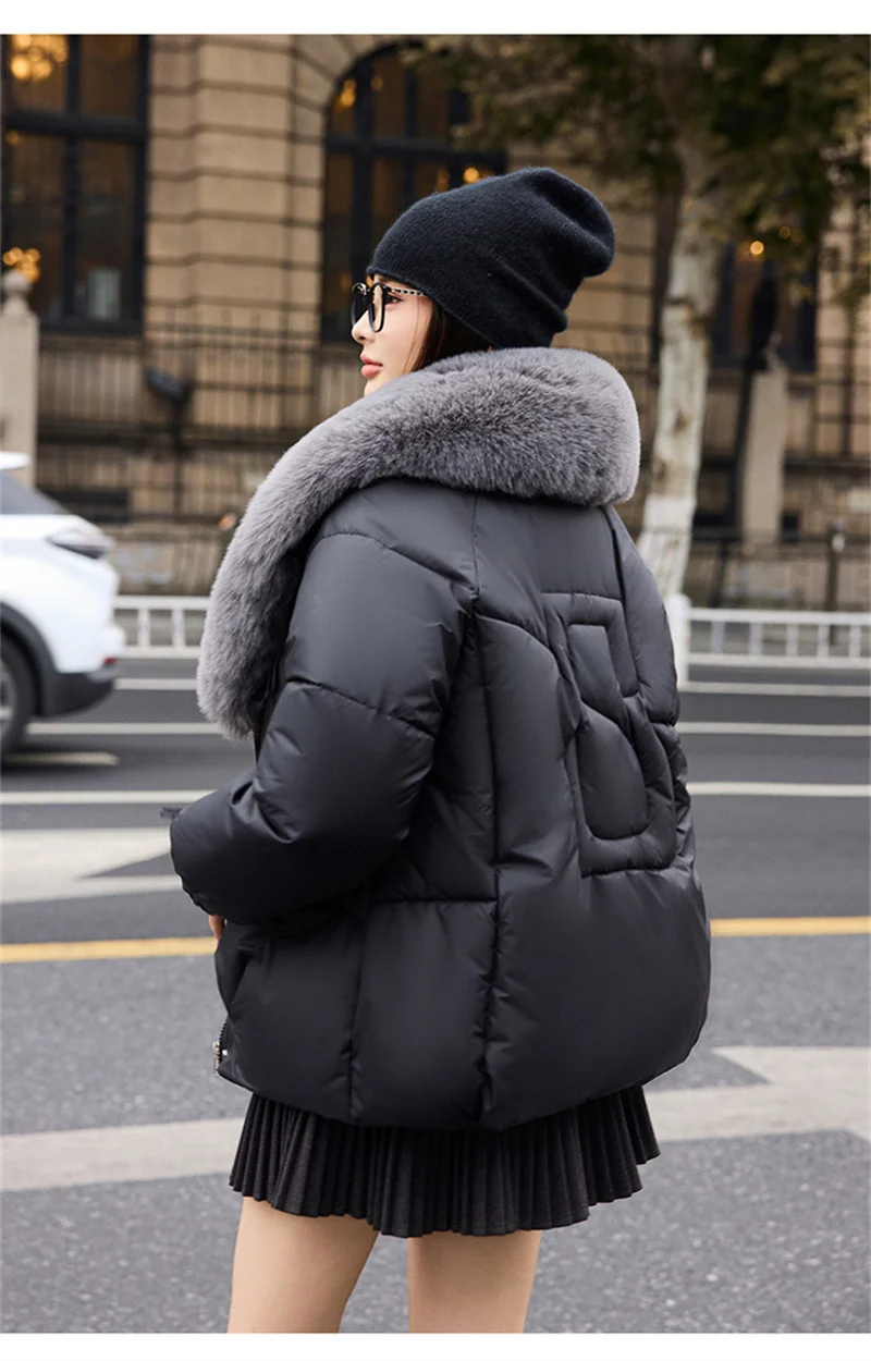 2026 Fashion Big Fur Collar Down Cotton-padded Jacket Women's Short Parkas Winter Streetwear Outerwear Lady Thicken Loose Coats