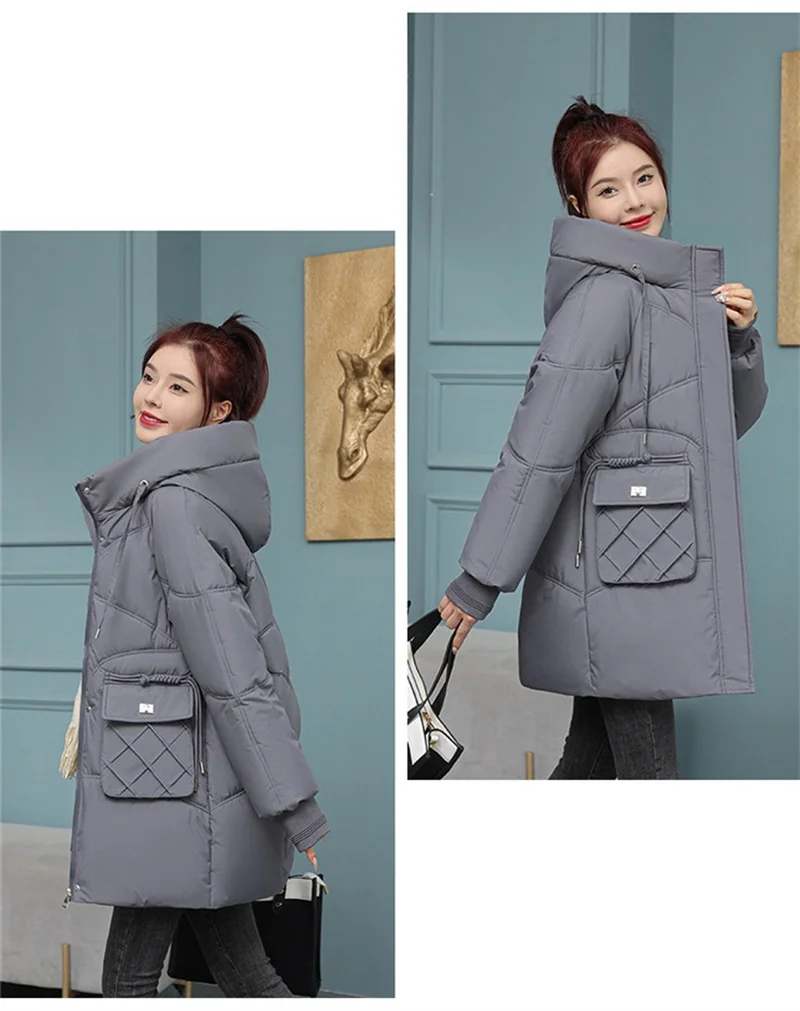 Korean Fashion Autumn Winter 2025 New Women's Down Cotton Jacket Fashion Hooded Leisure Coat Mid length Women Overcoat