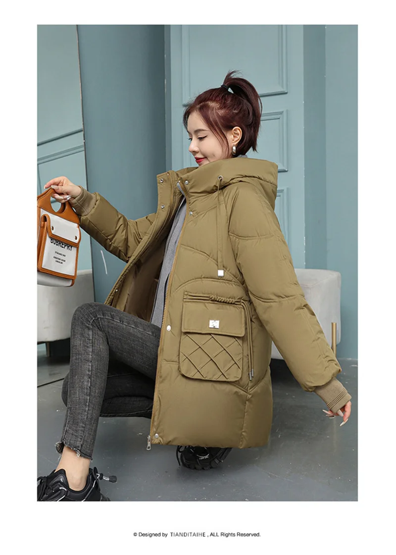 Korean Fashion Autumn Winter 2025 New Women's Down Cotton Jacket Fashion Hooded Leisure Coat Mid length Women Overcoat