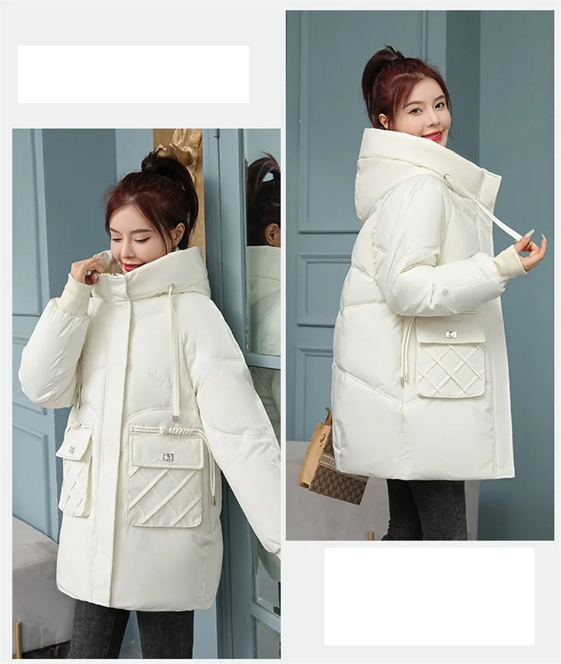 Korean Fashion Autumn Winter 2025 New Women's Down Cotton Jacket Fashion Hooded Leisure Coat Mid length Women Overcoat