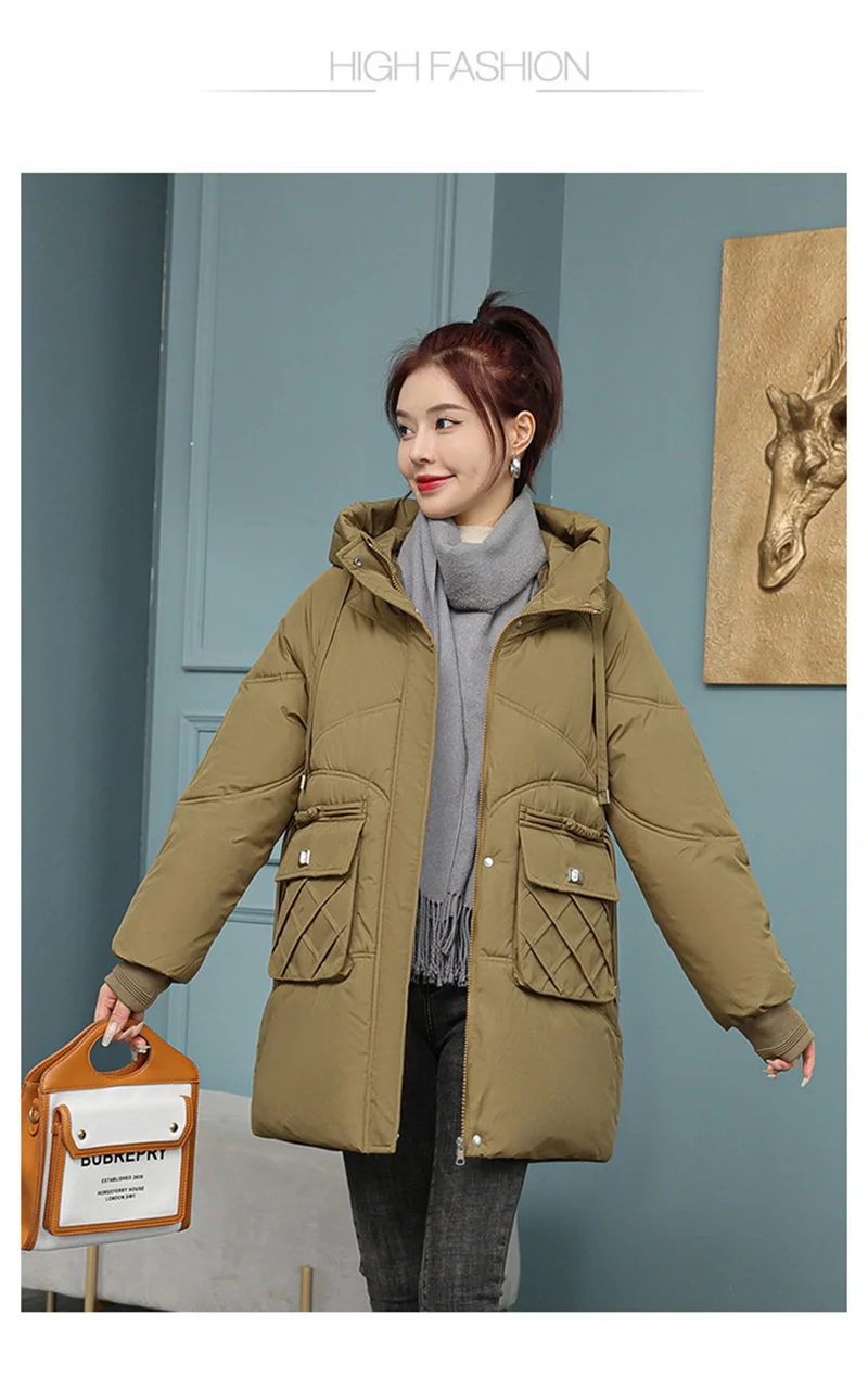 Korean Fashion Autumn Winter 2025 New Women's Down Cotton Jacket Fashion Hooded Leisure Coat Mid length Women Overcoat