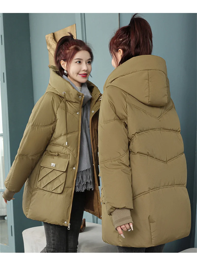 Korean Fashion Autumn Winter 2025 New Women's Down Cotton Jacket Fashion Hooded Leisure Coat Mid length Women Overcoat