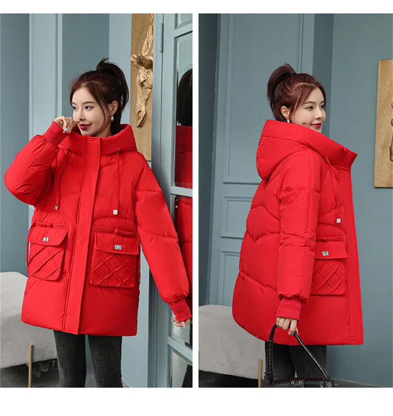 Korean Fashion Autumn Winter 2025 New Women's Down Cotton Jacket Fashion Hooded Leisure Coat Mid length Women Overcoat
