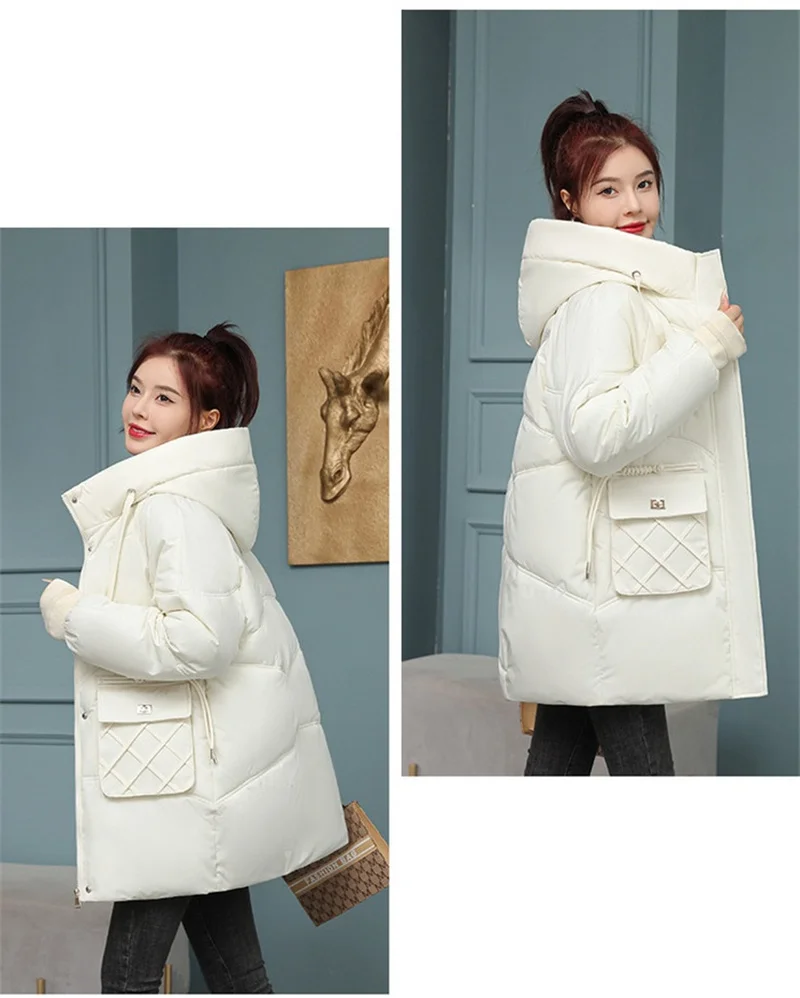 Korean Fashion Autumn Winter 2025 New Women's Down Cotton Jacket Fashion Hooded Leisure Coat Mid length Women Overcoat