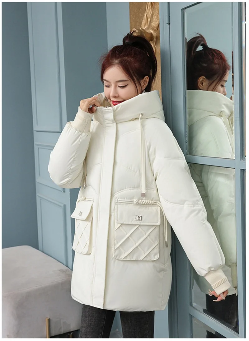 Korean Fashion Autumn Winter 2025 New Women's Down Cotton Jacket Fashion Hooded Leisure Coat Mid length Women Overcoat