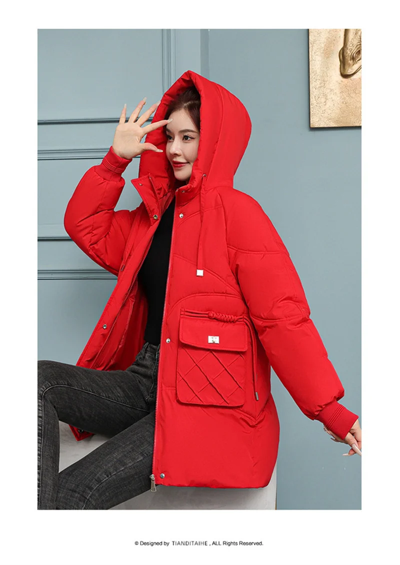 Korean Fashion Autumn Winter 2025 New Women's Down Cotton Jacket Fashion Hooded Leisure Coat Mid length Women Overcoat