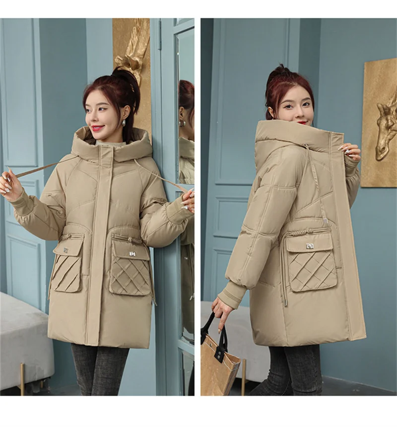 Korean Fashion Autumn Winter 2025 New Women's Down Cotton Jacket Fashion Hooded Leisure Coat Mid length Women Overcoat