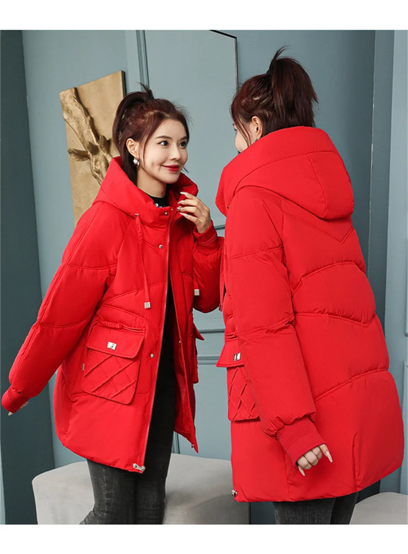 Korean Fashion Autumn Winter 2025 New Women's Down Cotton Jacket Fashion Hooded Leisure Coat Mid length Women Overcoat