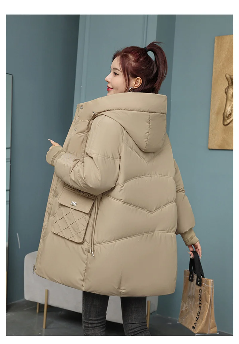 Korean Fashion Autumn Winter 2025 New Women's Down Cotton Jacket Fashion Hooded Leisure Coat Mid length Women Overcoat