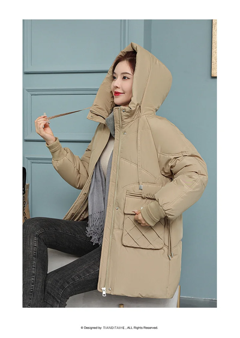 Korean Fashion Autumn Winter 2025 New Women's Down Cotton Jacket Fashion Hooded Leisure Coat Mid length Women Overcoat