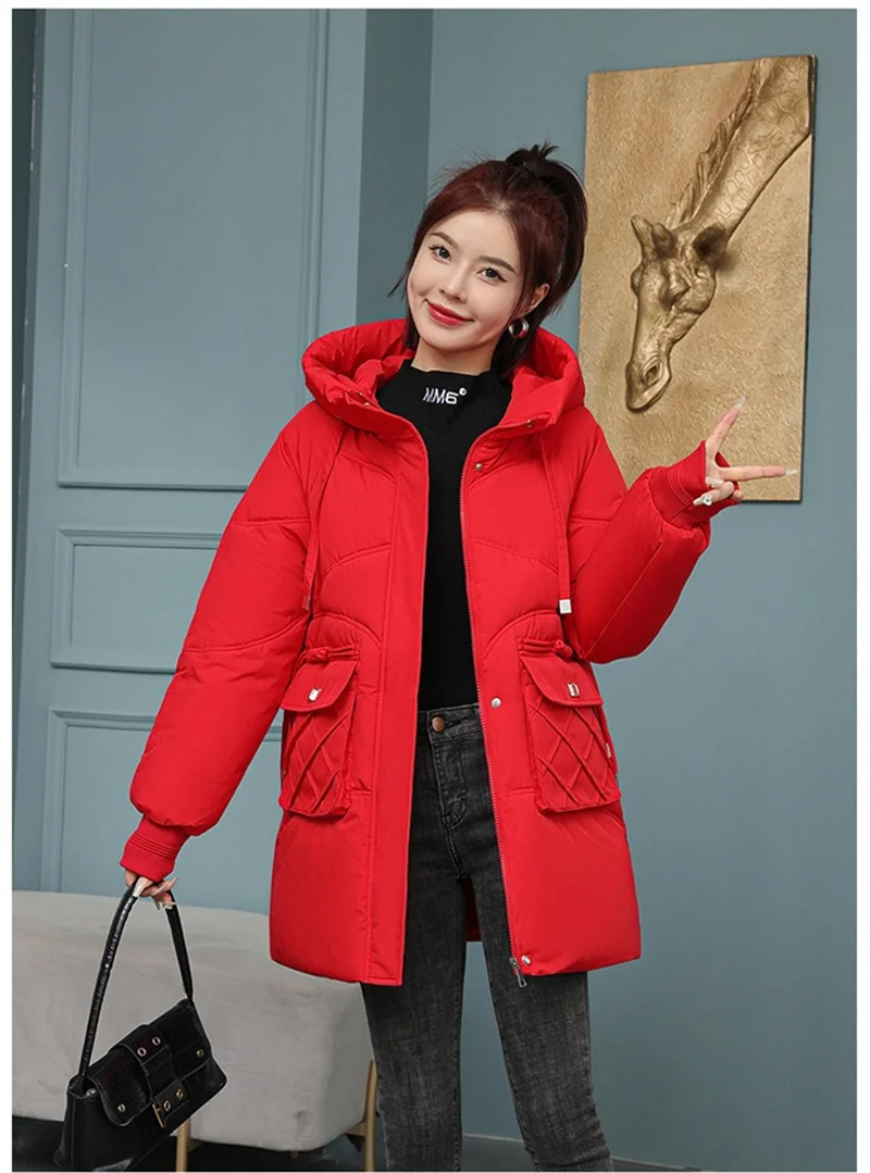 Korean Fashion Autumn Winter 2025 New Women's Down Cotton Jacket Fashion Hooded Leisure Coat Mid length Women Overcoat