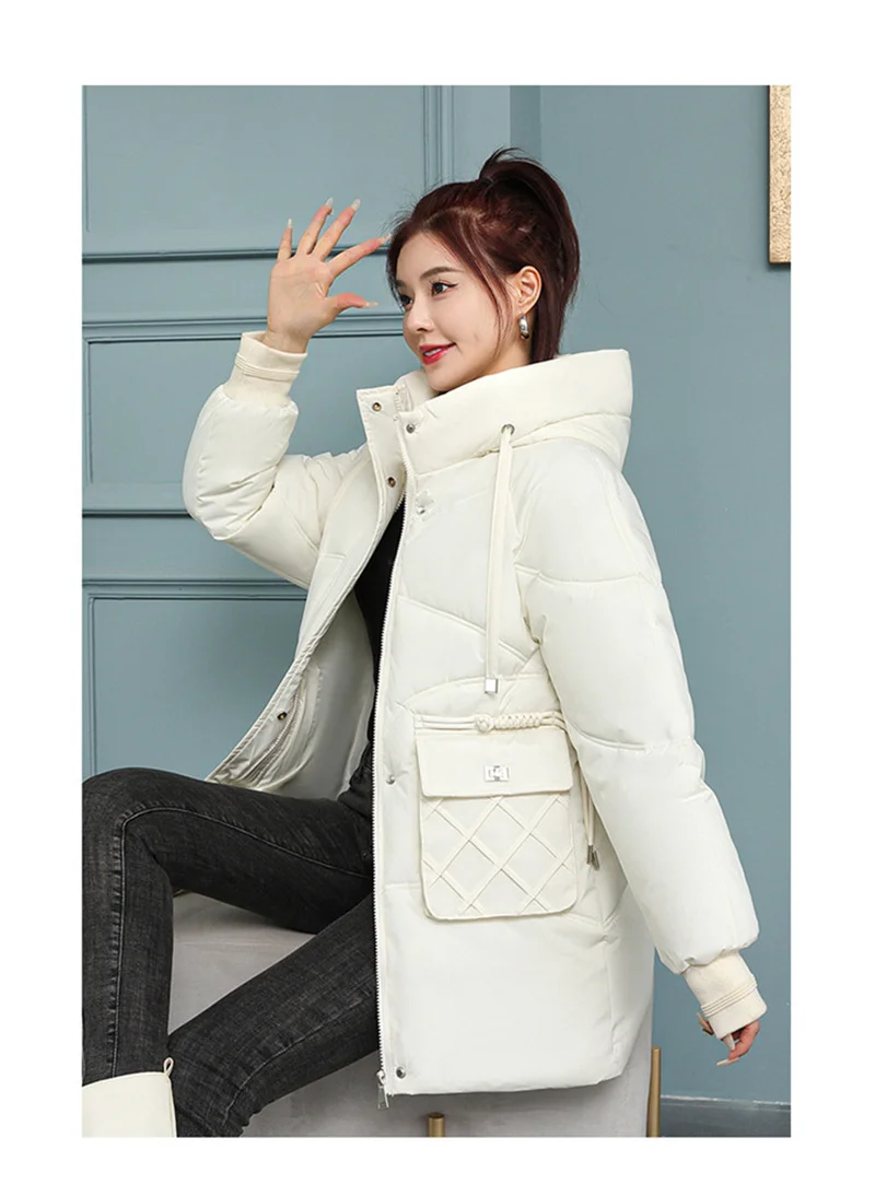 Korean Fashion Autumn Winter 2025 New Women's Down Cotton Jacket Fashion Hooded Leisure Coat Mid length Women Overcoat