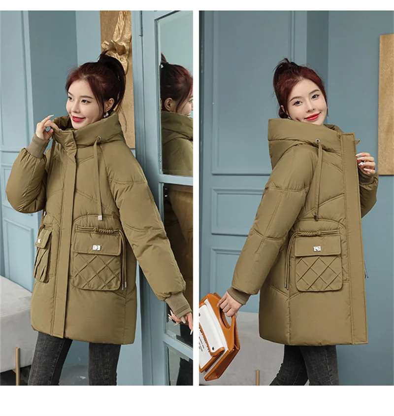 Korean Fashion Autumn Winter 2025 New Women's Down Cotton Jacket Fashion Hooded Leisure Coat Mid length Women Overcoat