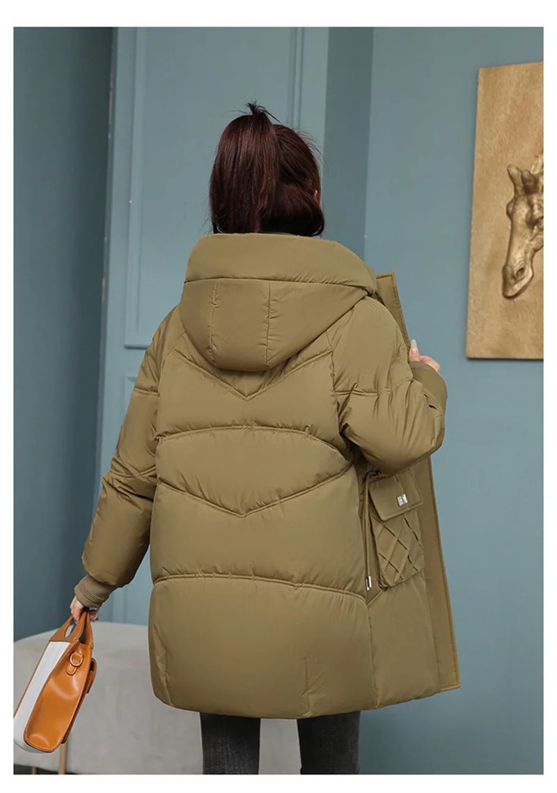 Korean Fashion Autumn Winter 2025 New Women's Down Cotton Jacket Fashion Hooded Leisure Coat Mid length Women Overcoat