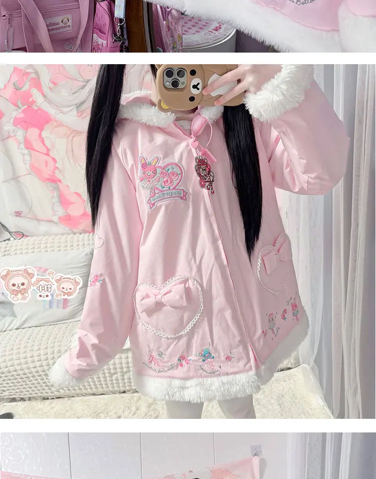 New Winter Sweet Cute Girl Butterfly Knot Heart Hooded Fur Collar Cotton-padded Jacket Women's Thickened Warm Parkas Coat