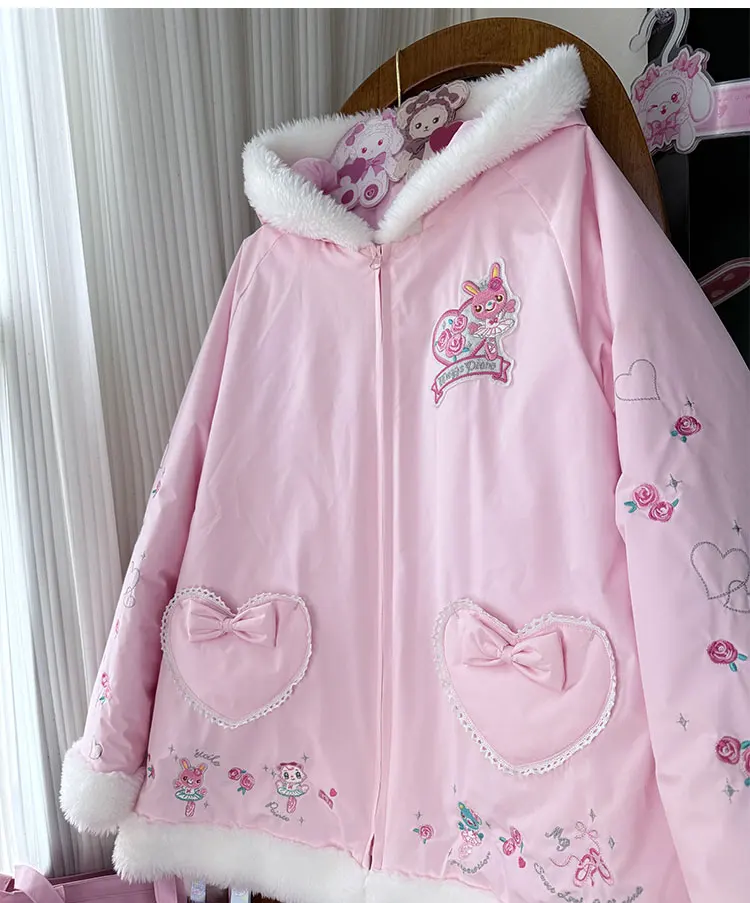 New Winter Sweet Cute Girl Butterfly Knot Heart Hooded Fur Collar Cotton-padded Jacket Women's Thickened Warm Parkas Coat