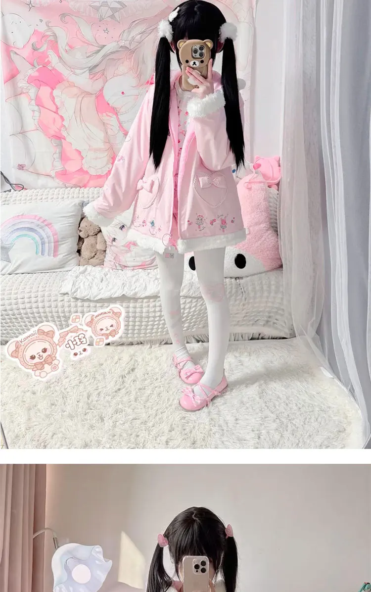 New Winter Sweet Cute Girl Butterfly Knot Heart Hooded Fur Collar Cotton-padded Jacket Women's Thickened Warm Parkas Coat