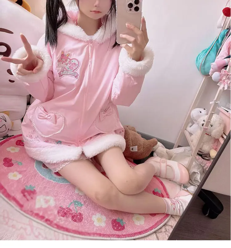New Winter Sweet Cute Girl Butterfly Knot Heart Hooded Fur Collar Cotton-padded Jacket Women's Thickened Warm Parkas Coat