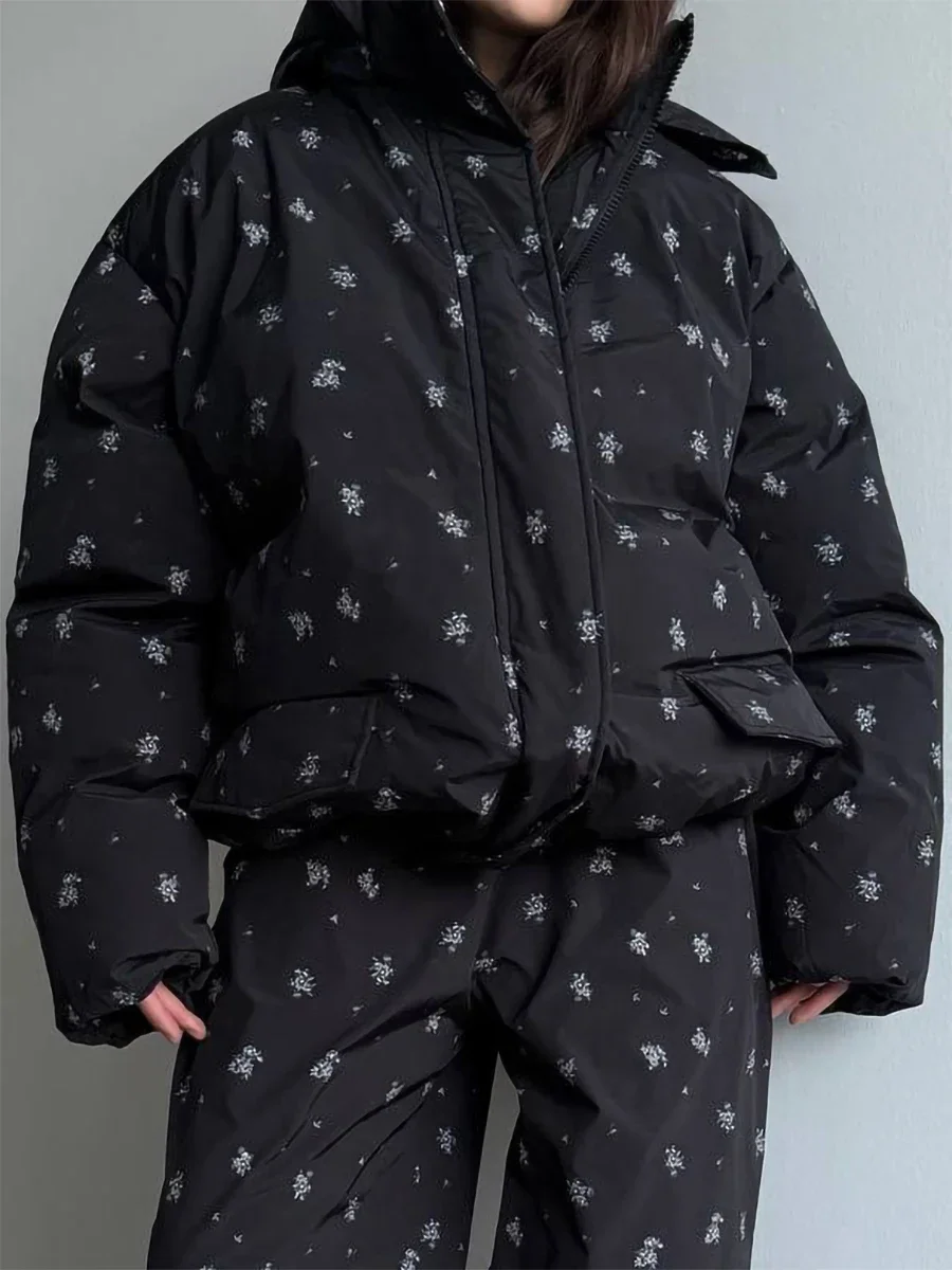 Wolfeel 2026 Winter New Flower Bread Cotton Jacket Warm and Fashionable Drawstring Design Loose Medium Length Fashion Jacket