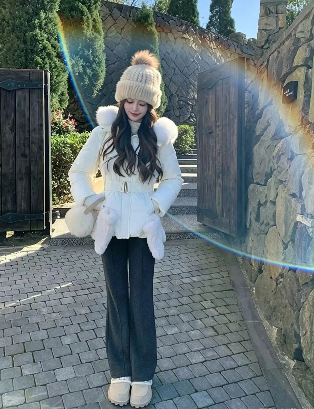 Korean Fashion Women's Solid Color Hooded Fur Collar Thin Cotton Clothes Down Jacket Women's Winter Long-sleeved Versatile Coat