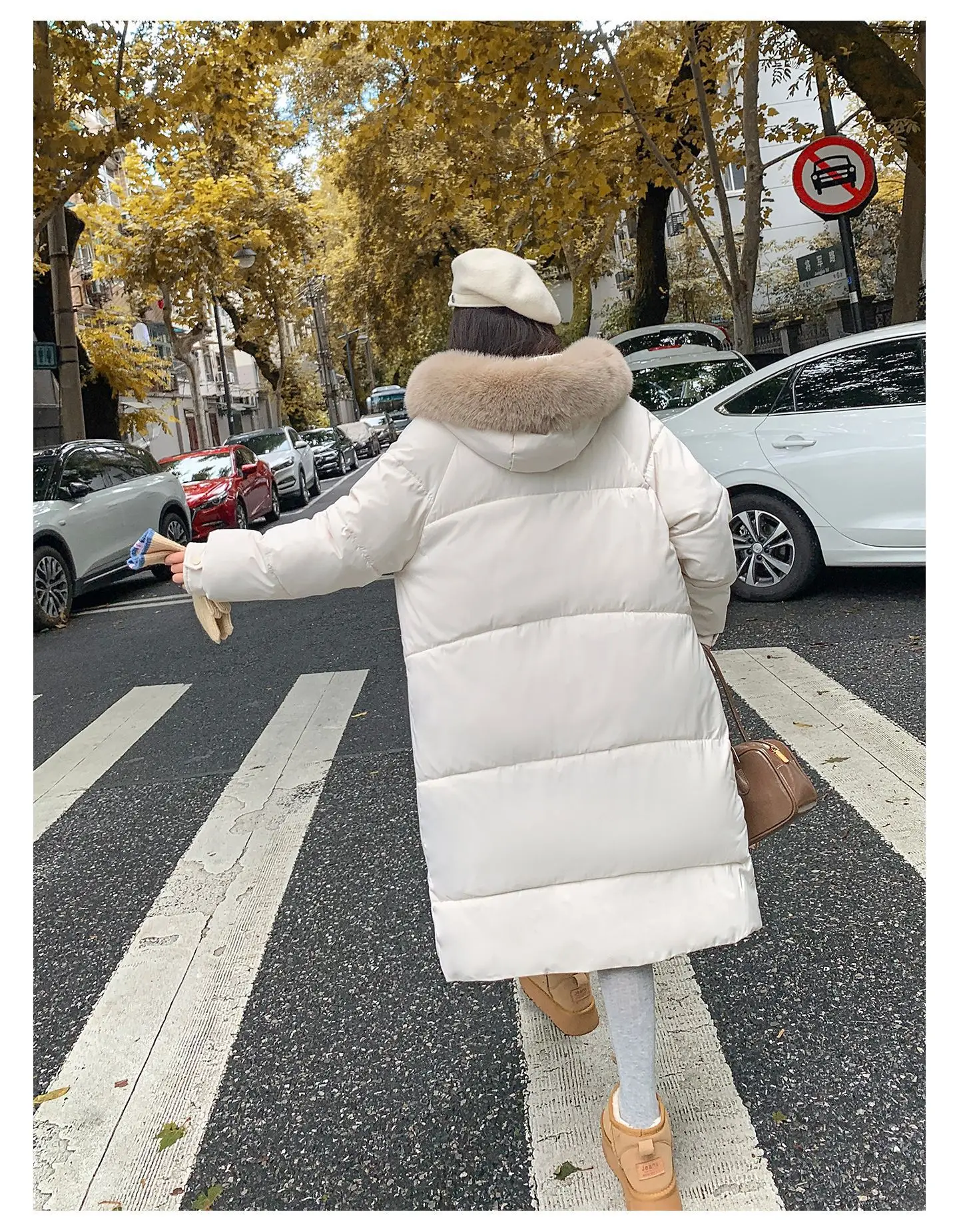 Winter Women Hooded Large Faux Fur Collar Coats Loose Windproof Thick Warm Parkas Zipper Pockets Knee Length Padded Outerwear