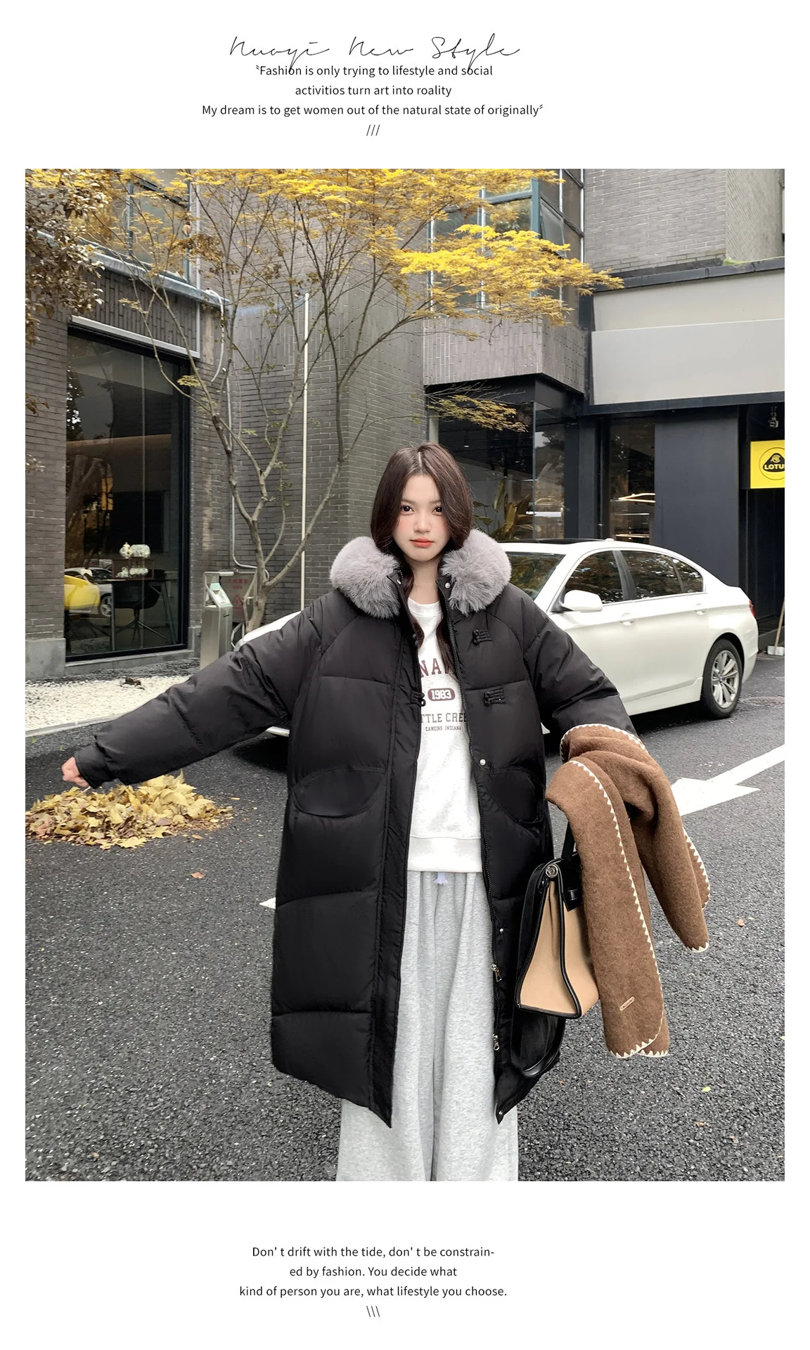 Winter Women Hooded Large Faux Fur Collar Coats Loose Windproof Thick Warm Parkas Zipper Pockets Knee Length Padded Outerwear