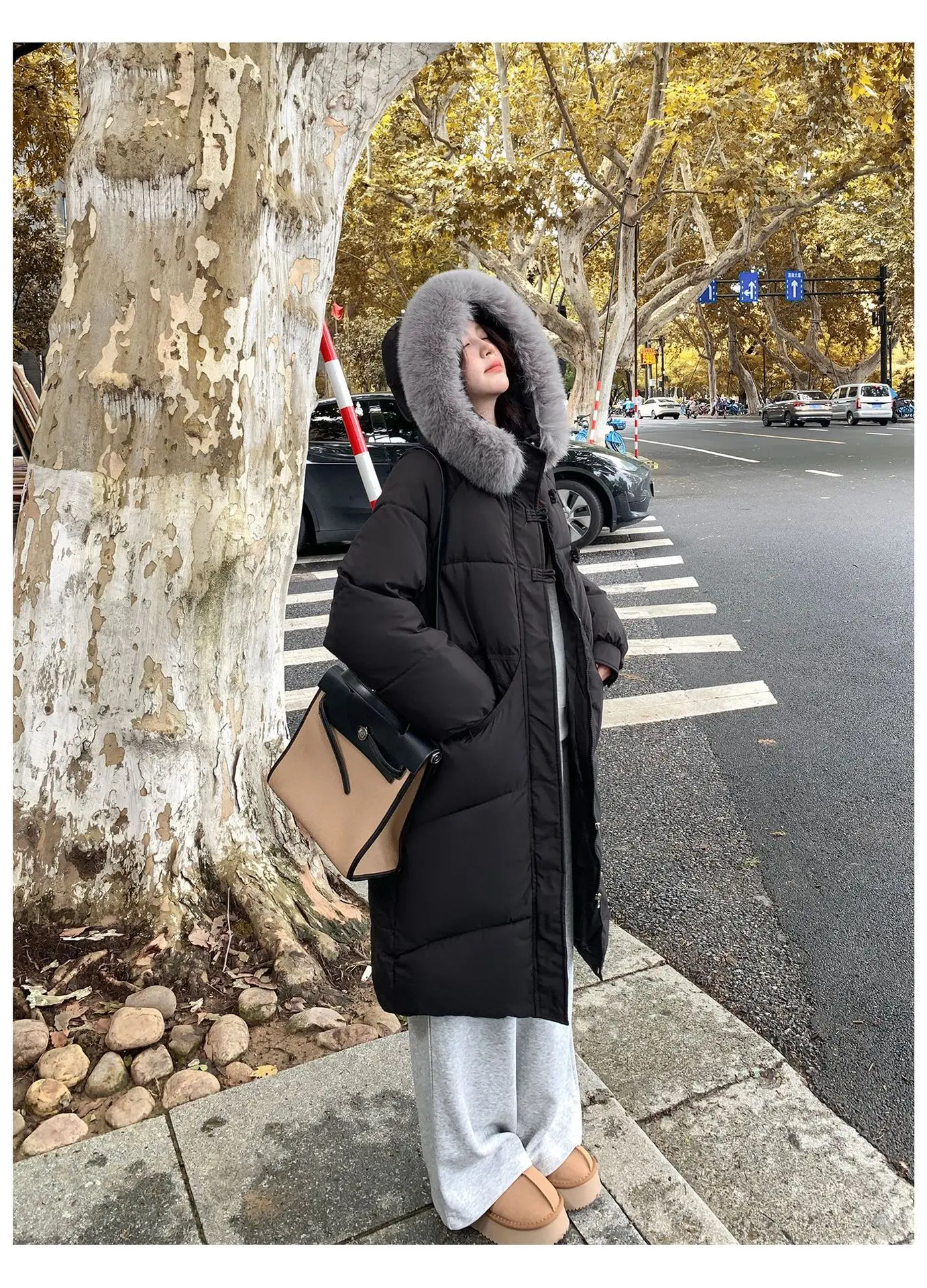 Winter Women Hooded Large Faux Fur Collar Coats Loose Windproof Thick Warm Parkas Zipper Pockets Knee Length Padded Outerwear