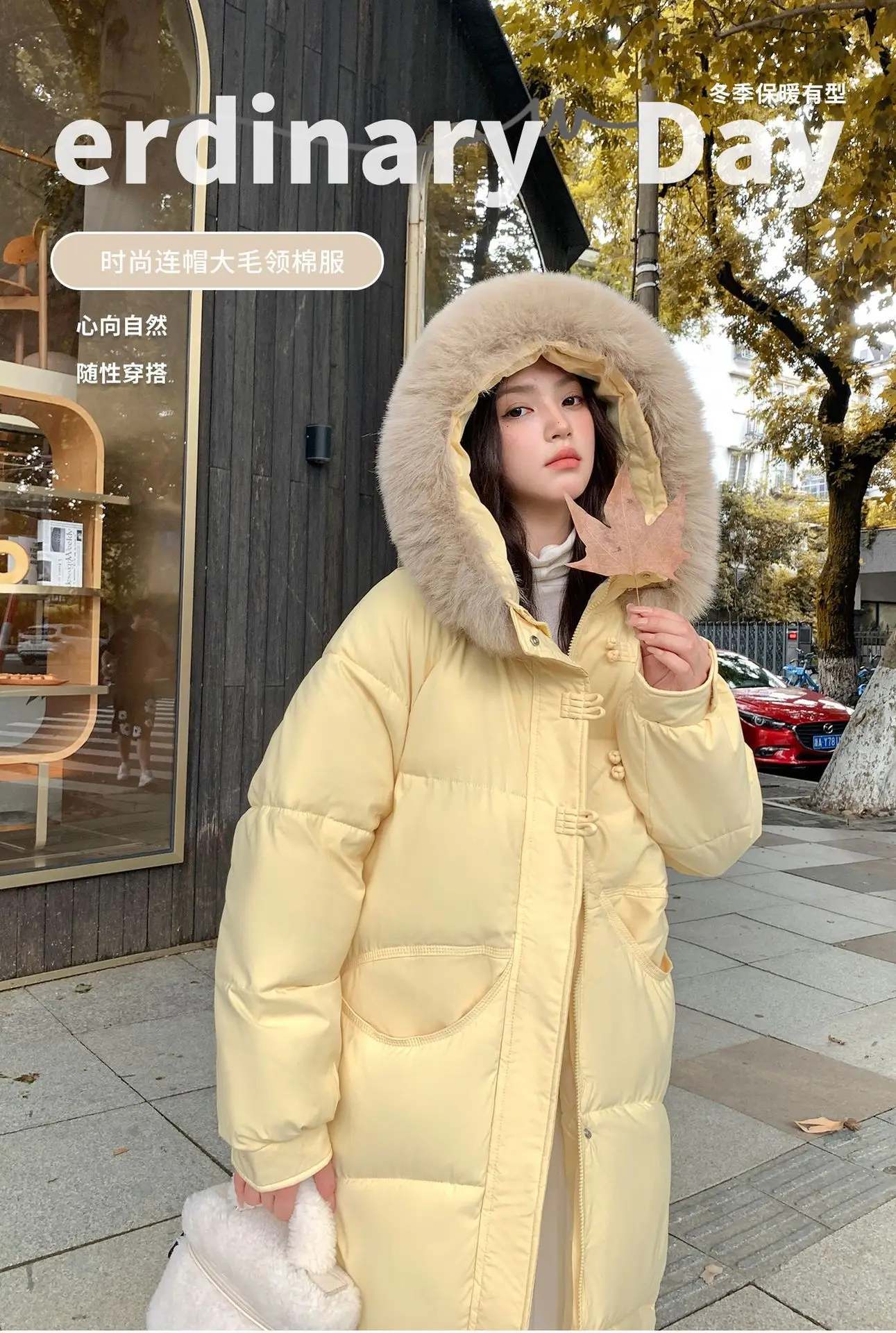 Winter Women Hooded Large Faux Fur Collar Coats Loose Windproof Thick Warm Parkas Zipper Pockets Knee Length Padded Outerwear