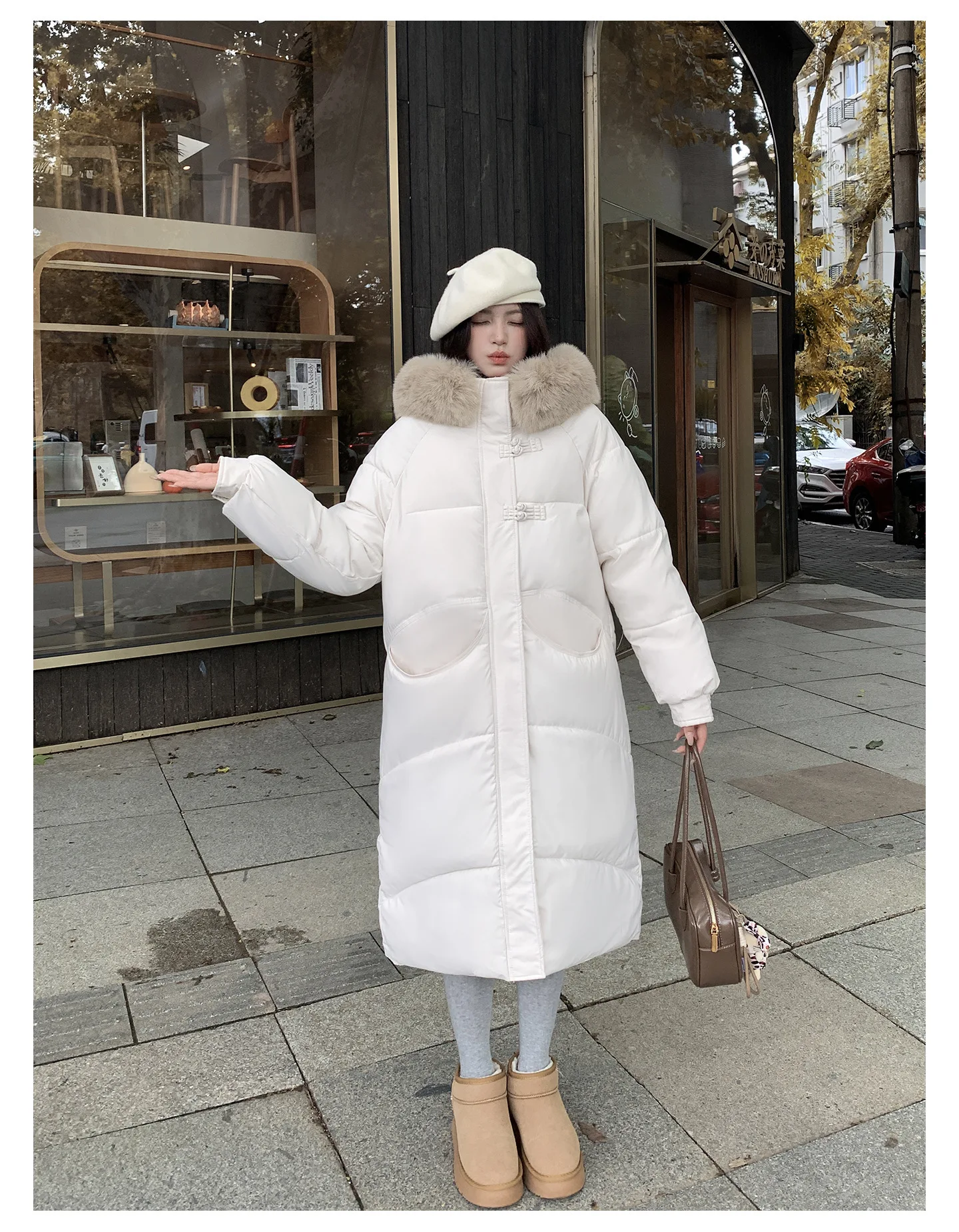 Winter Women Hooded Large Faux Fur Collar Coats Loose Windproof Thick Warm Parkas Zipper Pockets Knee Length Padded Outerwear