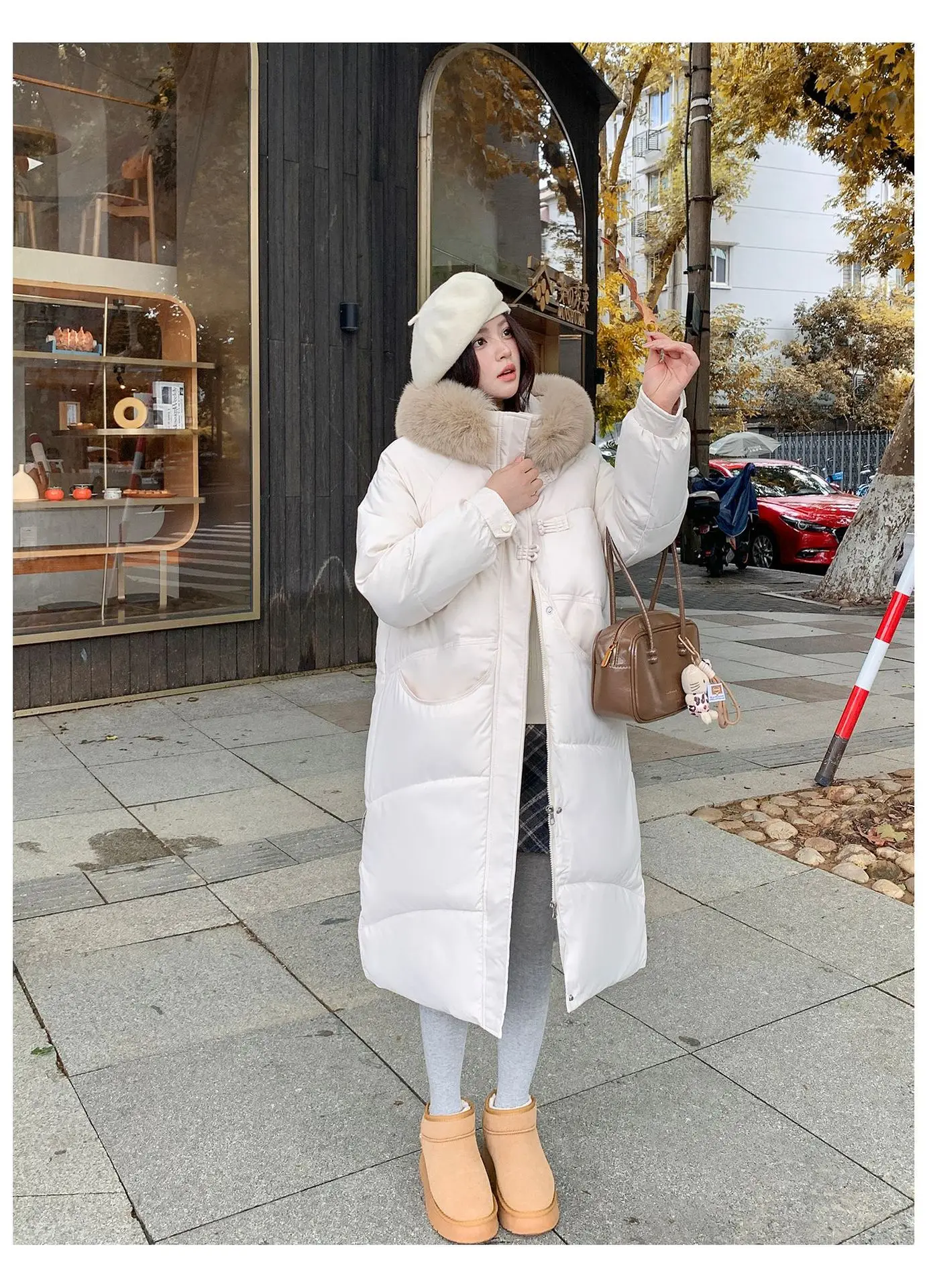 Winter Women Hooded Large Faux Fur Collar Coats Loose Windproof Thick Warm Parkas Zipper Pockets Knee Length Padded Outerwear