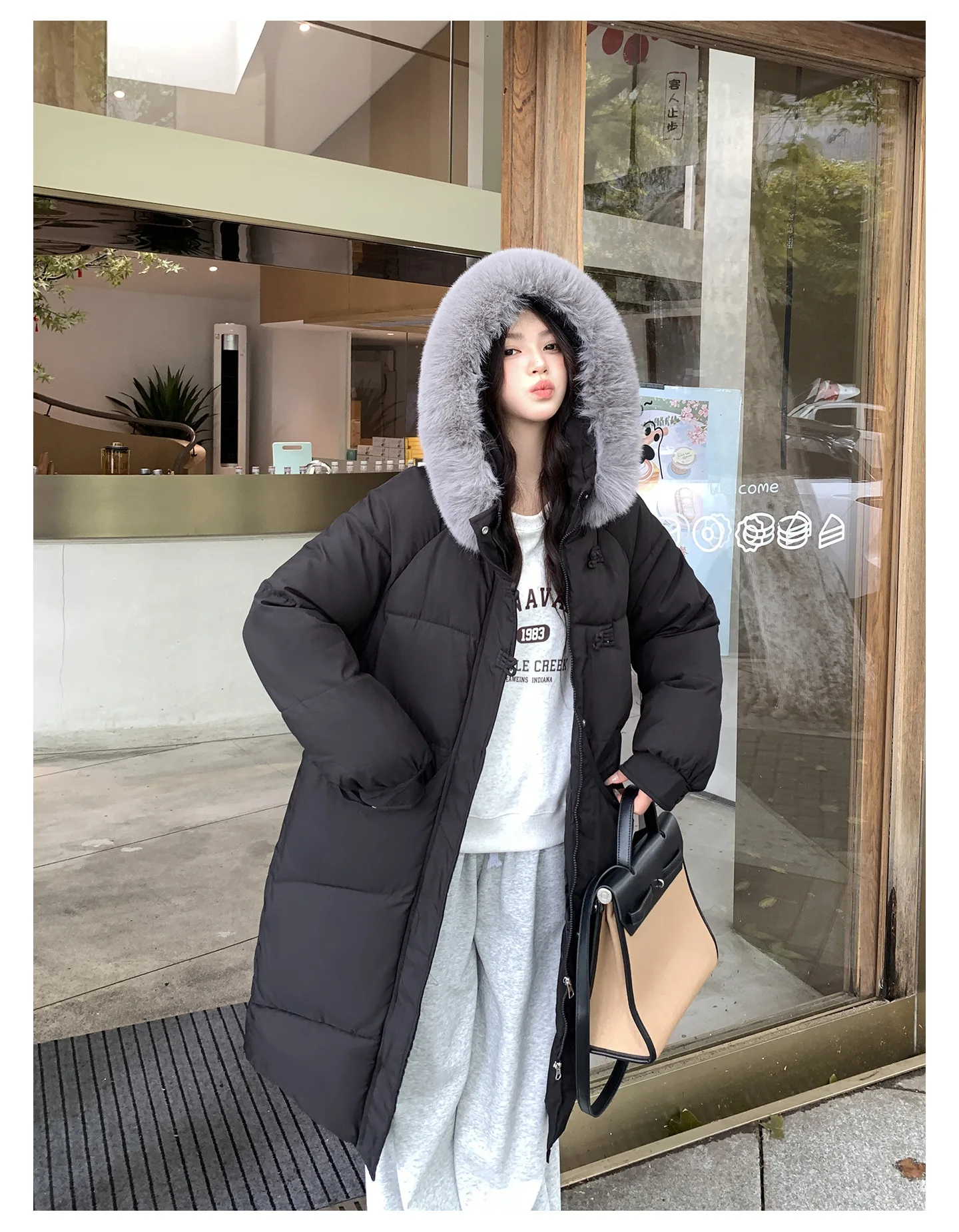Winter Women Hooded Large Faux Fur Collar Coats Loose Windproof Thick Warm Parkas Zipper Pockets Knee Length Padded Outerwear