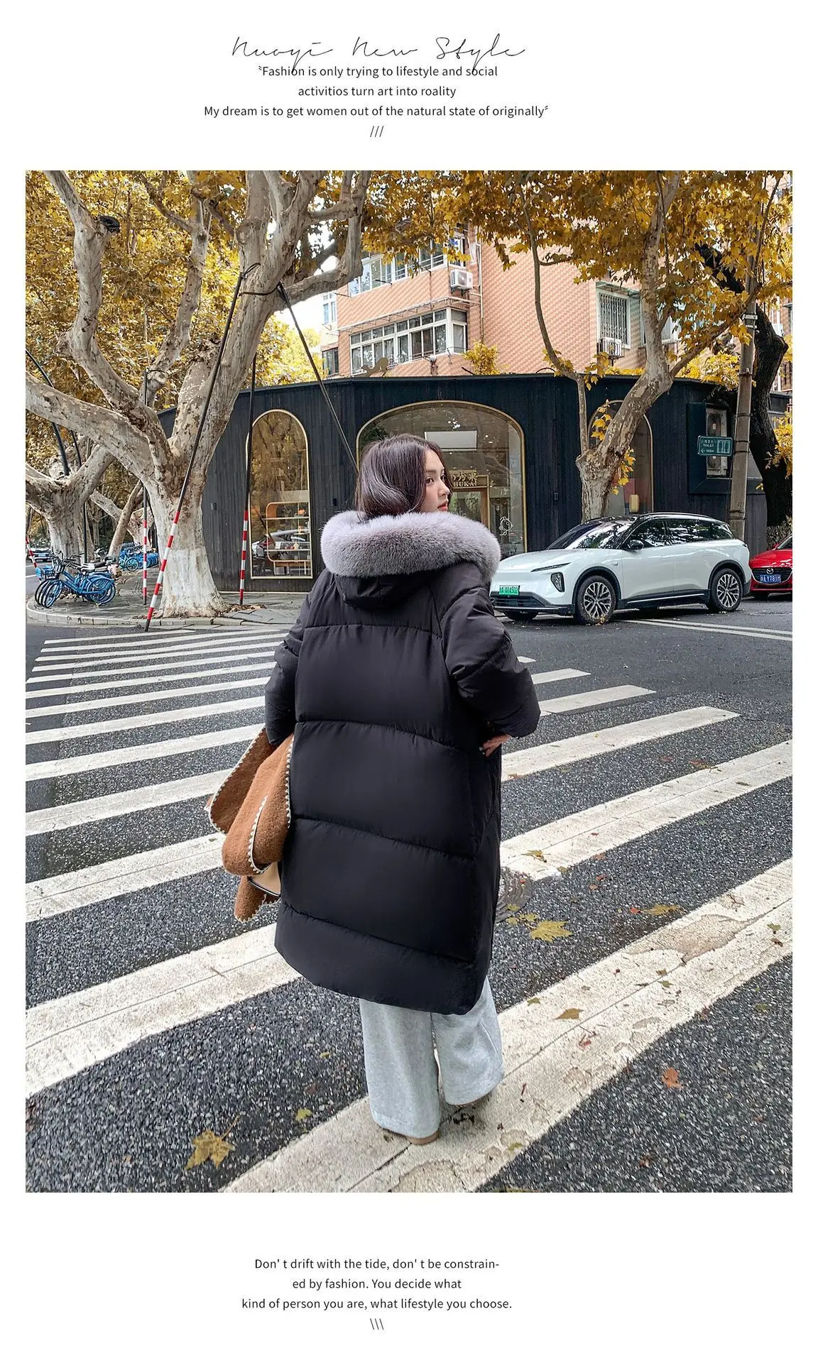 Winter Women Hooded Large Faux Fur Collar Coats Loose Windproof Thick Warm Parkas Zipper Pockets Knee Length Padded Outerwear