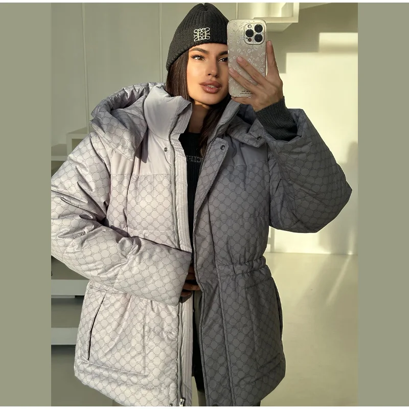 Printed Cotton Padded Coats Women Fashion Hooded Waist-Cinching Zipper Quilted Jackets Winter Casual Woman Fashion New Outerwear