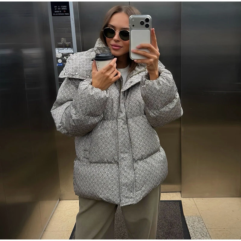 Printed Cotton Padded Coats Women Fashion Hooded Waist-Cinching Zipper Quilted Jackets Winter Casual Woman Fashion New Outerwear
