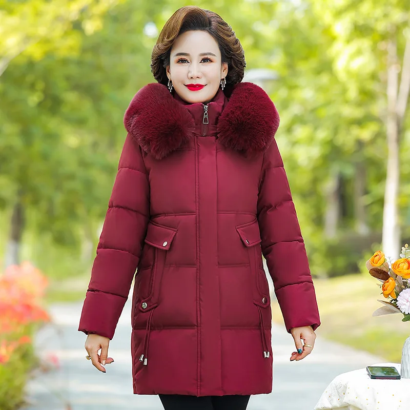 Women's Winter Warm Thick Padded Coat Faux Fur Collar Hooded Long Parka Middle Aged XL-6XL Warm Casual Fashion New Outerwear