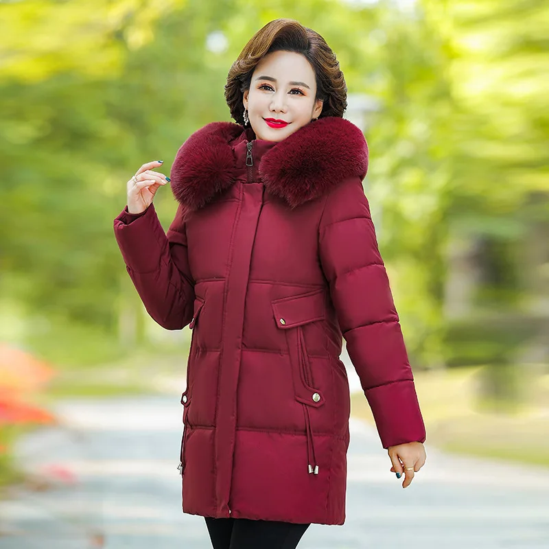 Women's Winter Warm Thick Padded Coat Faux Fur Collar Hooded Long Parka Middle Aged XL-6XL Warm Casual Fashion New Outerwear