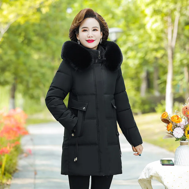 Women's Winter Warm Thick Padded Coat Faux Fur Collar Hooded Long Parka Middle Aged XL-6XL Warm Casual Fashion New Outerwear