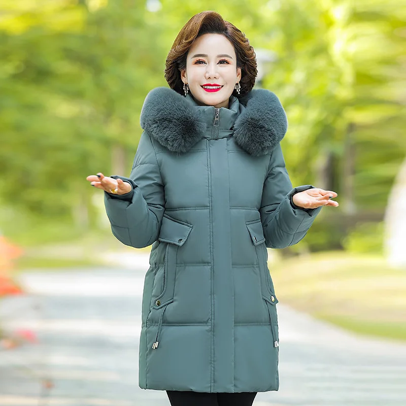 Women's Winter Warm Thick Padded Coat Faux Fur Collar Hooded Long Parka Middle Aged XL-6XL Warm Casual Fashion New Outerwear