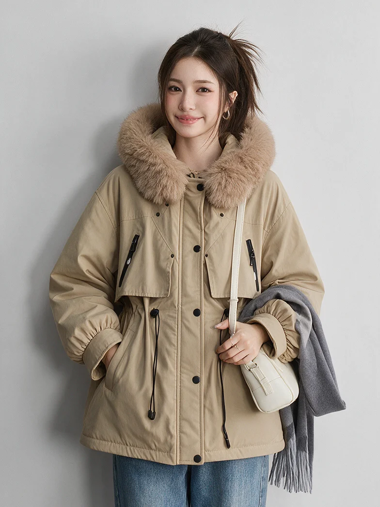 Women Winter Hooded Parka Big Faux Fur Collar Drawstring Waist Midi Padded Coat Korean Style Windproof Pocket Warm Outerwear