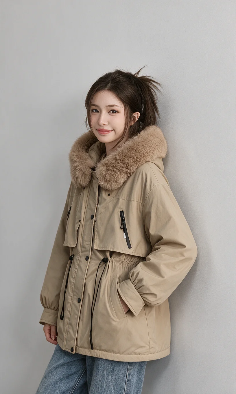 Women Winter Hooded Parka Big Faux Fur Collar Drawstring Waist Midi Padded Coat Korean Style Windproof Pocket Warm Outerwear